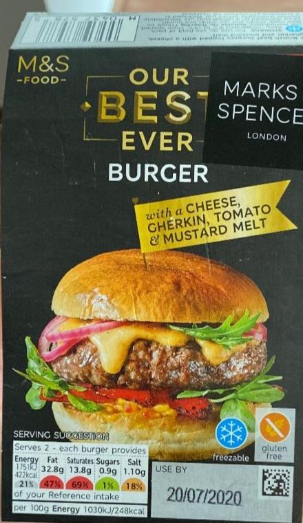 Fotografie - Burger with a cheese, gherkin, tomato and mustard melt M&S Food