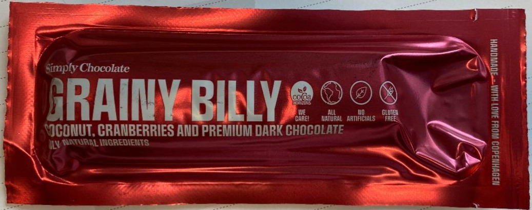 Fotografie - Grainy Billy, dark chocolate bar with coconut and cranberries Simply Chocolate