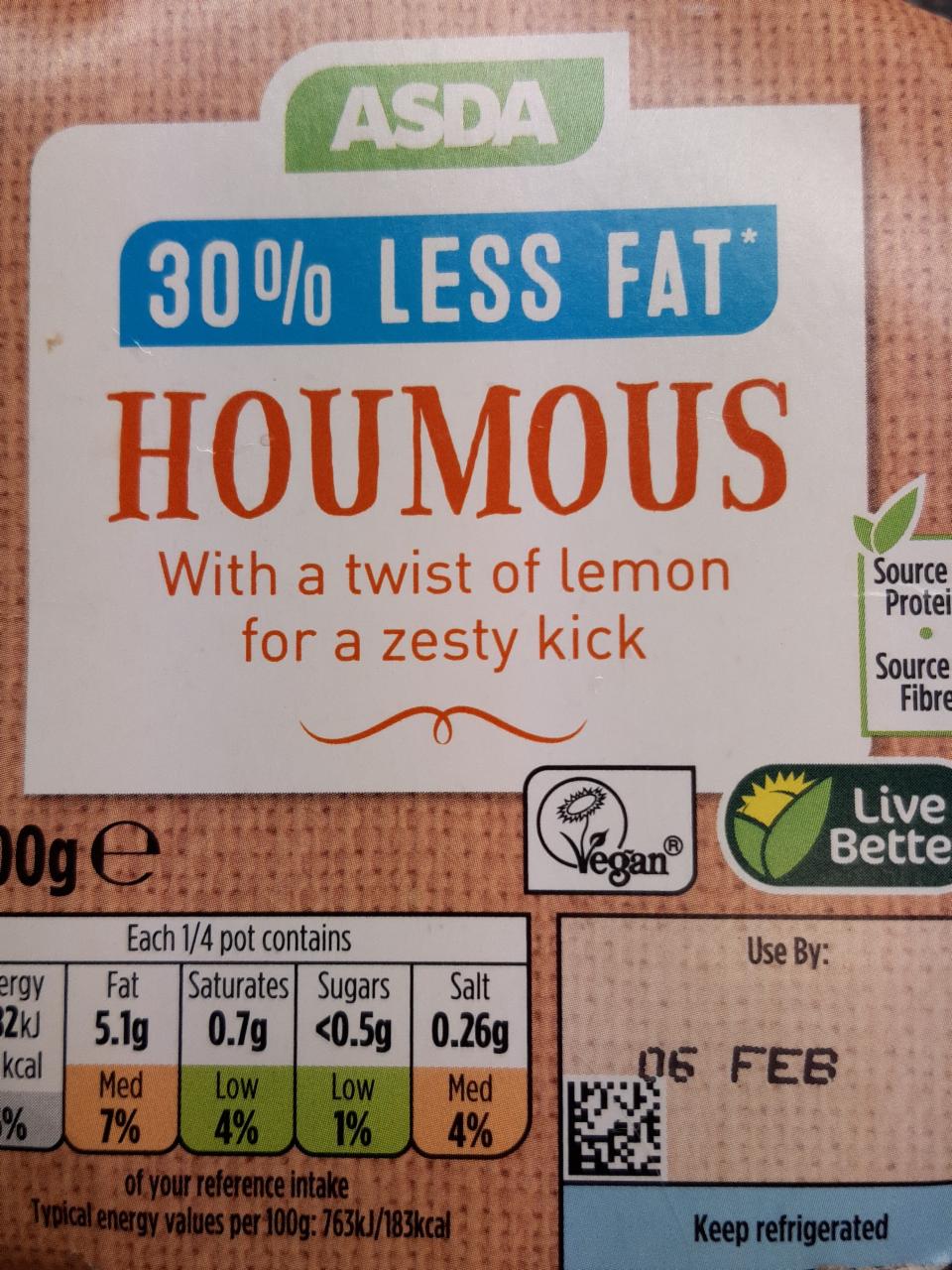 Fotografie - Houmous 30% less fat with a twist of lemon for a zesty kick Asda