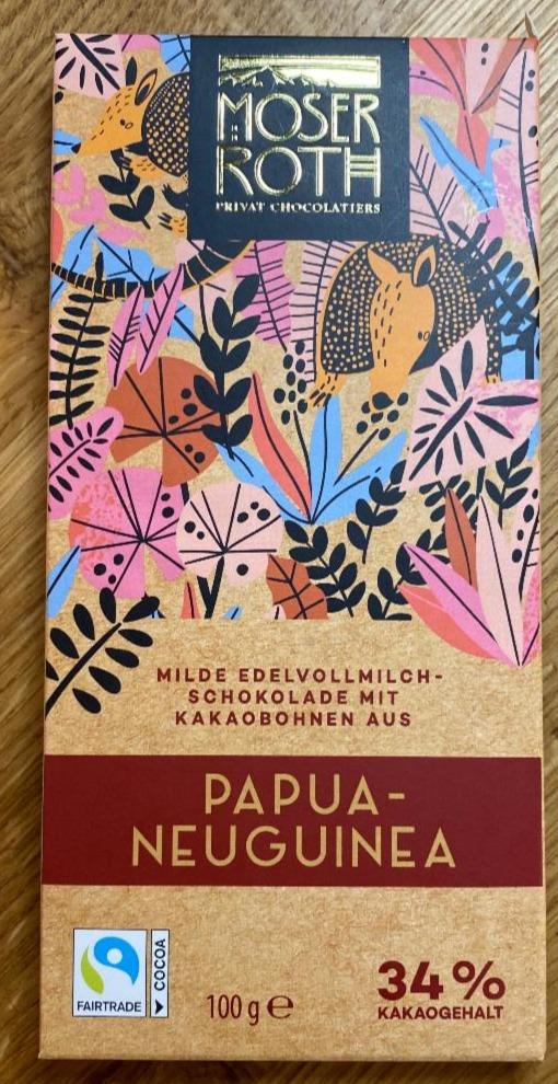 Fotografie - Papua-Neuguinea 34% Kakaogehalt Milde Edelvollmilchschokolade mit Kakaobohnen Moser Roth