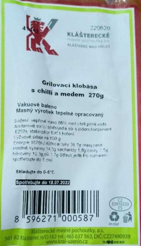 Fotografie - Grilovací klobása s chilli a medem Klášterecké masné pocohoutky