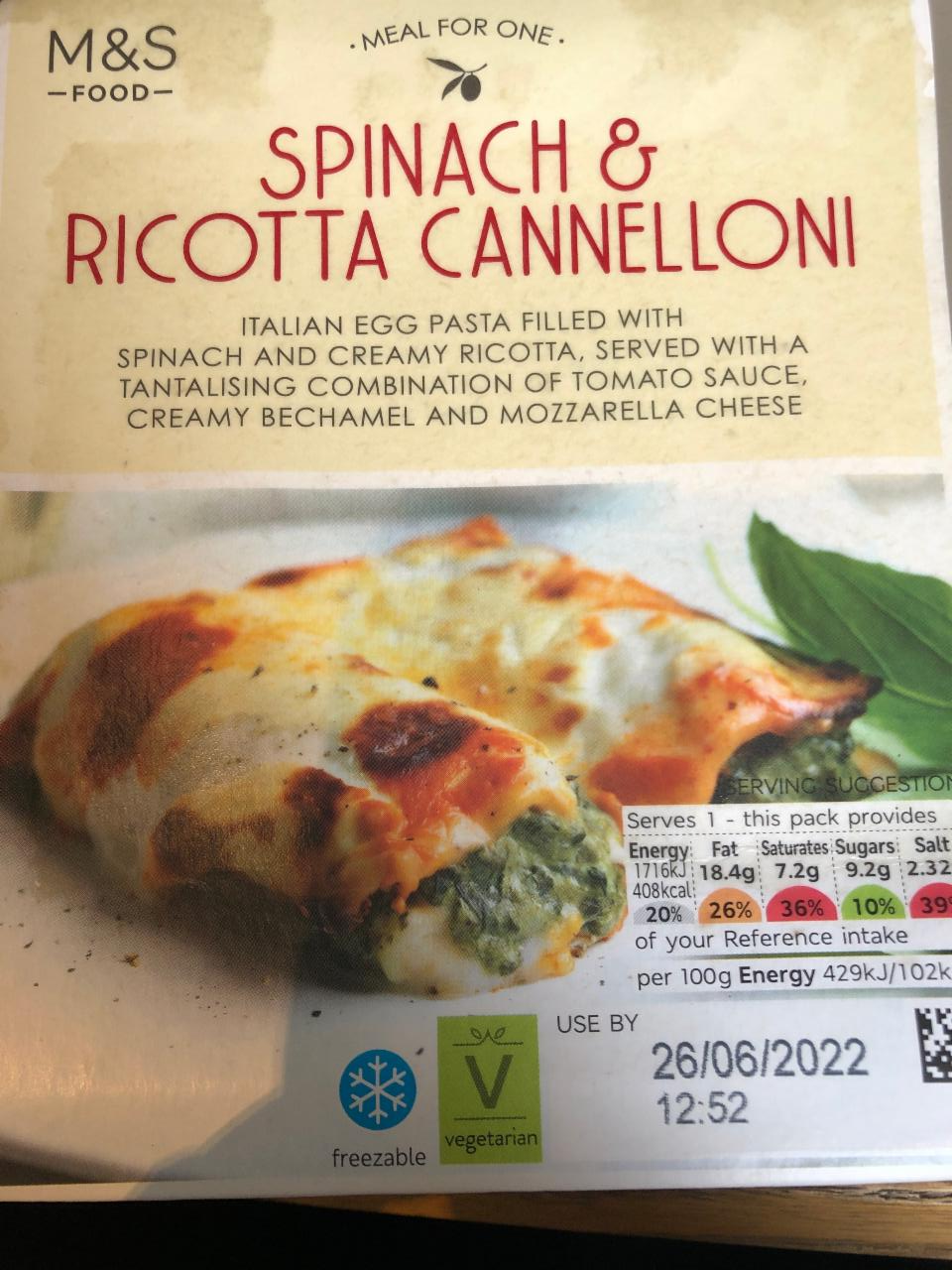 Fotografie - spinach & ricotta cannelloni Marks & Spencer