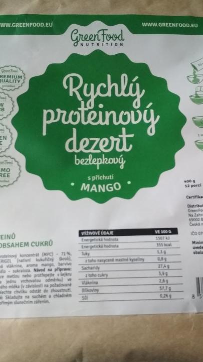 Fotografie - Rychlý proteinový dezert bezlepkový s příchutí Mango GreenFood