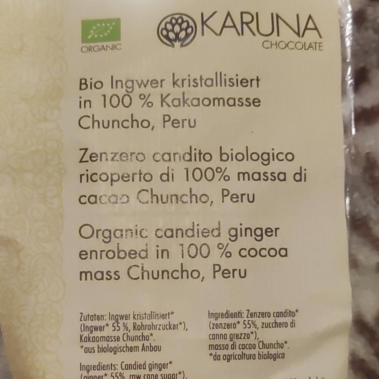 Fotografie - Karuna chocolate candied ginger enrobed in 100 % Cocos Mass Chuncho, Peru Organic