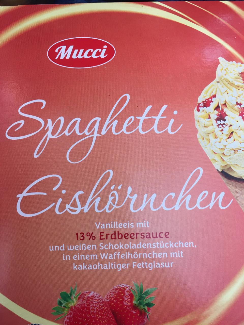 Fotografie - Spaghetti Eishörnchen Vanilleeis mit 13% Erdbeersauce Mucci
