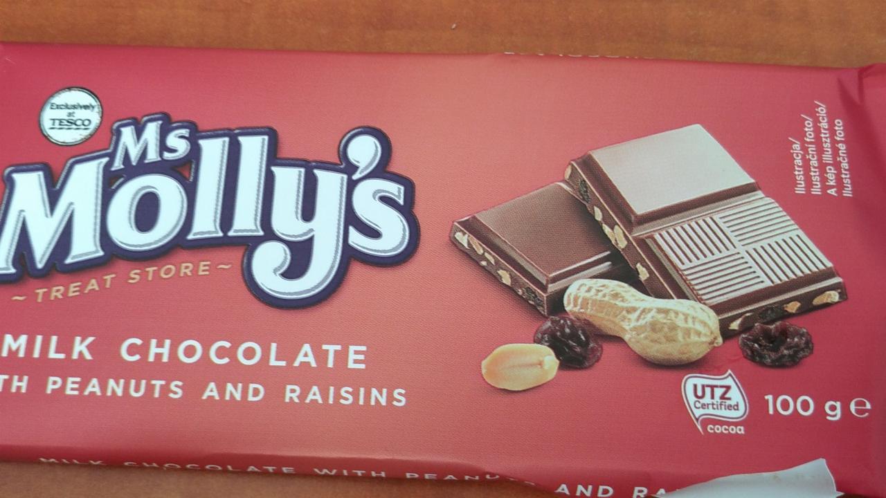 Fotografie - Ms Molly's Mléčná čokoláda s arašídy a rozinkami Tesco