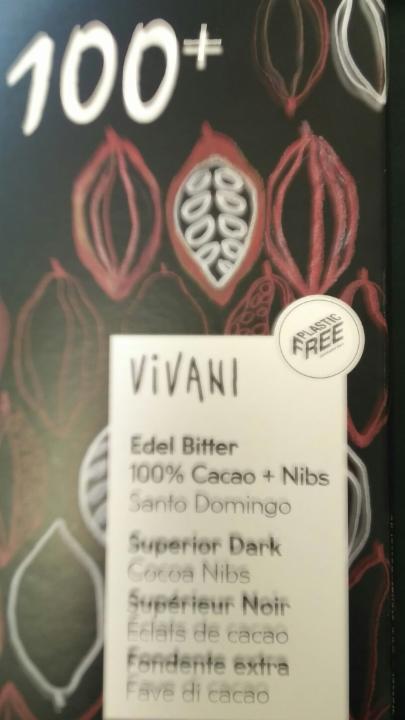 Fotografie - BIO Edel Bitter 100% Cacao+Nibs - Vivani