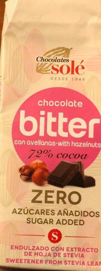 Fotografie - Chocolate bitter with hazelnuts 72% cocoa Zero Chocolates solé