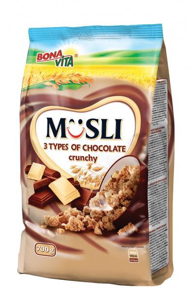 Fotografie - Müsli 3 types of chocolate crunchy (müsli zapékané & křupavé 3 druhy čokolády) Bonavita