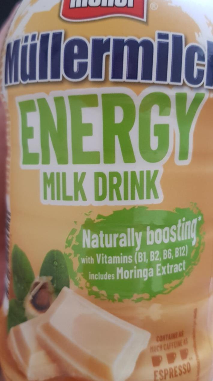 Fotografie - Müllermilch Energy milk s příchutí bílé čokolády + moringy drink Müller