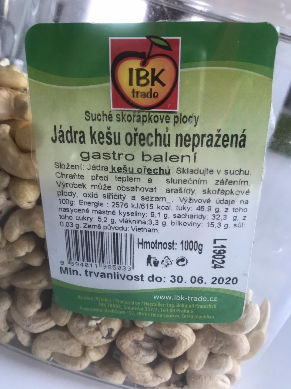 Fotografie - Jádra kešu ořechů nepražená IBK trade