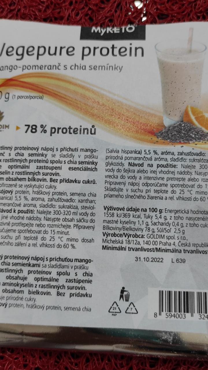 Fotografie - Vegepure protein mango-pomeranč s chia semínky MyKeto