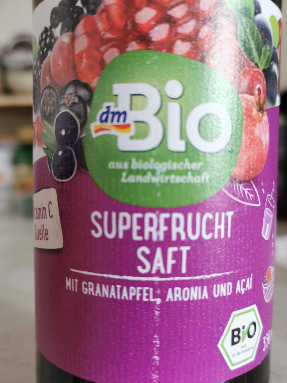 Fotografie - Superfrucht saft mit granatapfel, aronia und acai (bio šťáva granátové jablko, arónie, acai) dmBio