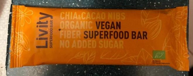 Fotografie - Superfood bar chia & cacao nibs organic vegan Livity