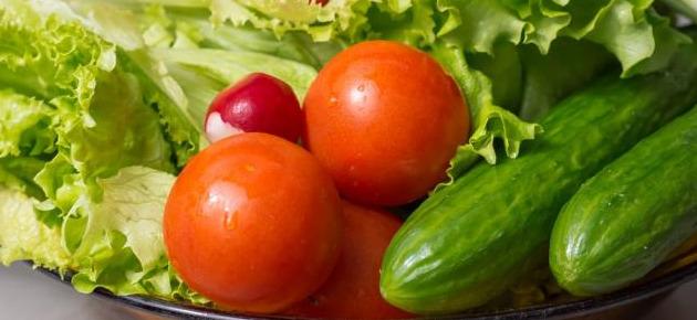 Fotografie - zelenina čerstvá rajčata, okurka, ledový salát