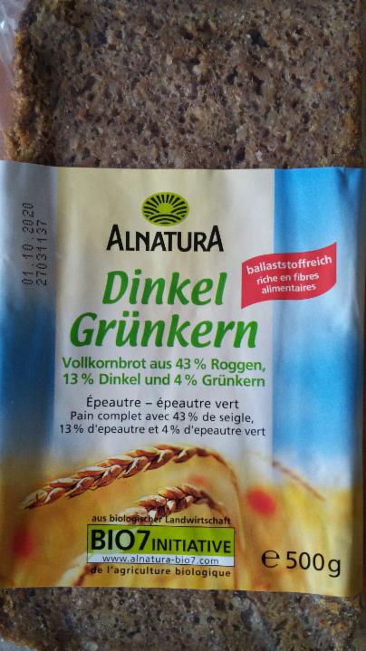 Bio Dinkel Grünkern Brot Alnatura - kalorie, kJ a nutriční hodnoty ...
