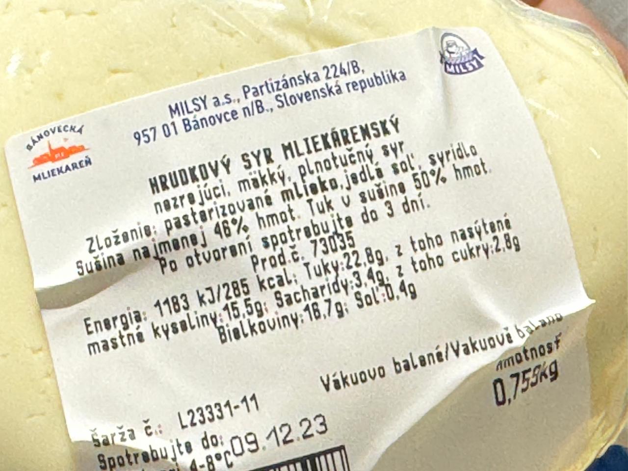Fotografie - sýr hrudkový mlékárenský 50% Milsy