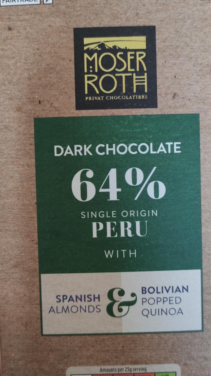 Fotografie - Dark Chocolate 64% Peru with Spanish Almonds and Bolivian Popped Quinoa Moser Roth