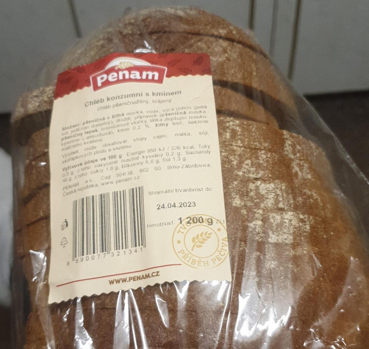 Fotografie - Chléb konzumní s kmínem (chléb pšeničnožitný, krájený) Penam
