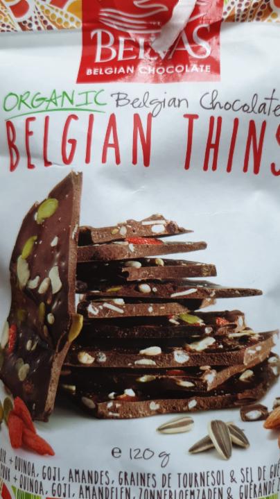 Fotografie - Belgian Chocolate Thins Organic Dark Chocolate with Goji, Quinoa, Amades Belvas
