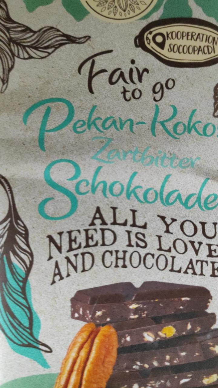 Fotografie - Fair to go Pekan-Kokos Zartbitter Schokolade Schokoliebe