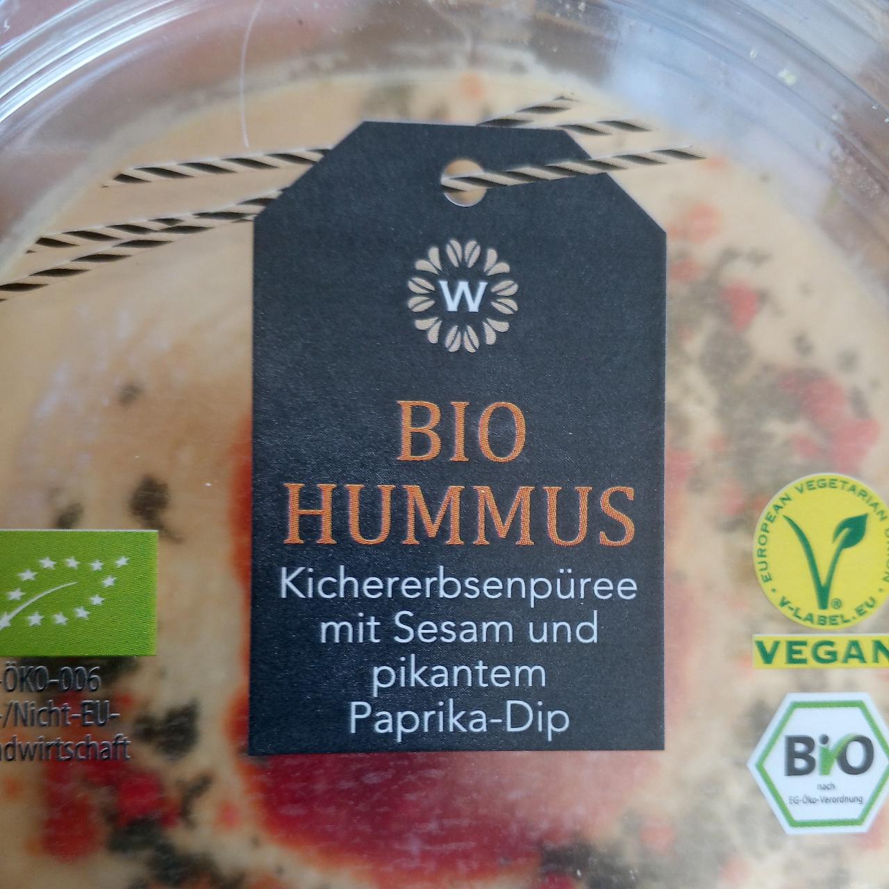 Fotografie - Bio hummus Kichererbsenpüree mit Sezam und pikantem Paprika-Dip
