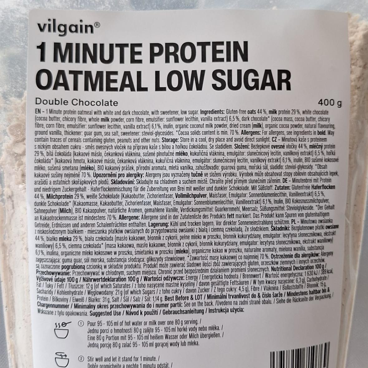 Fotografie - 1 Minute Protein Oatmeal Low Sugar Double Chocolate Vilgain