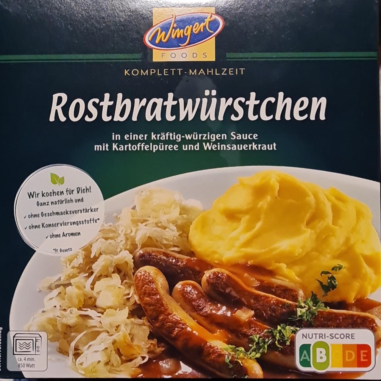 Fotografie - Rostbratwürstchen in Sauce mit Kartoffelpüree und Weinsauerkraut Wingert