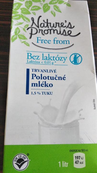 Fotografie - Free from Bez laktózy trvanlivé polotučné mléko 1,5% tuku Nature's Promise