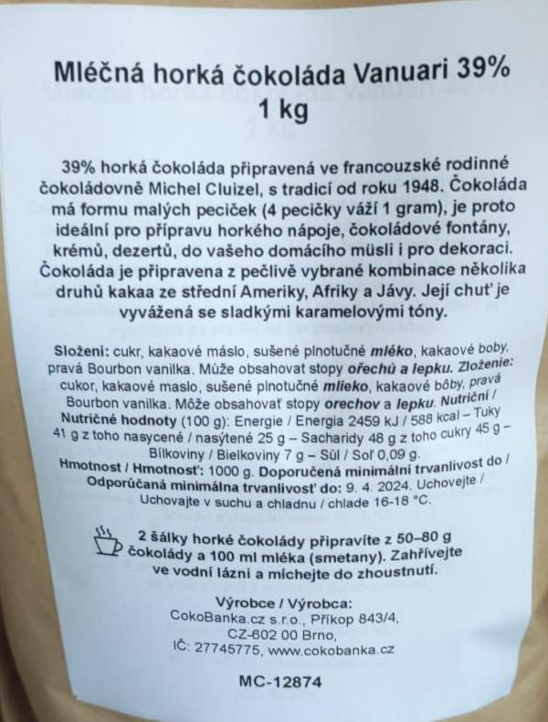 Fotografie - Mléčná hořká čokoláda Vanuari 39% CokoBanka.cz