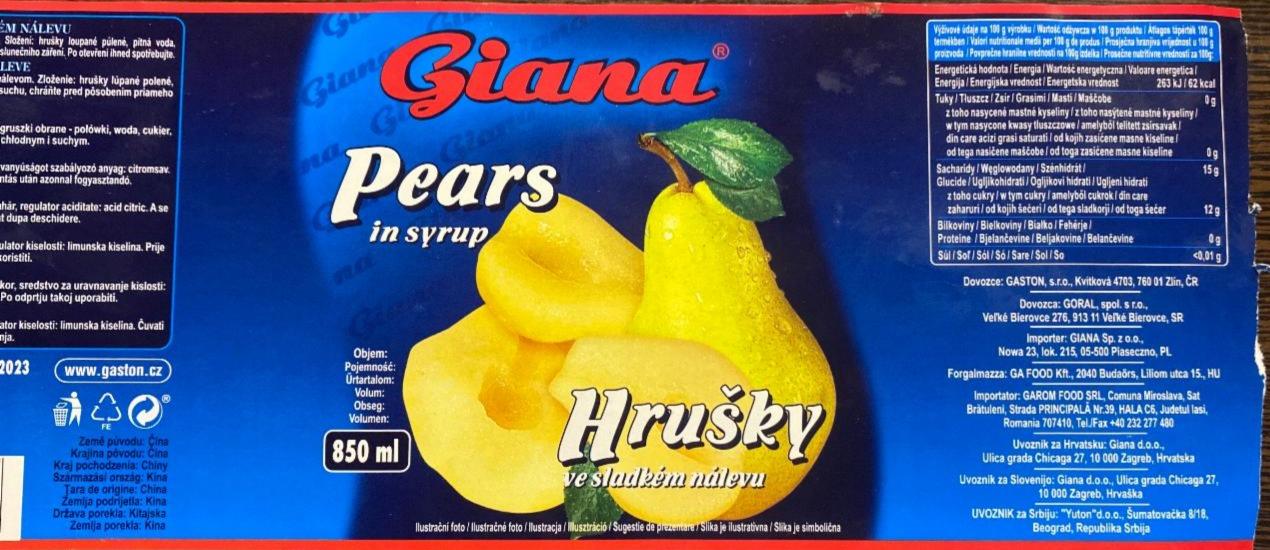 Fotografie - Pears in syrup Hrušky v mírně sladkém nálevu Giana