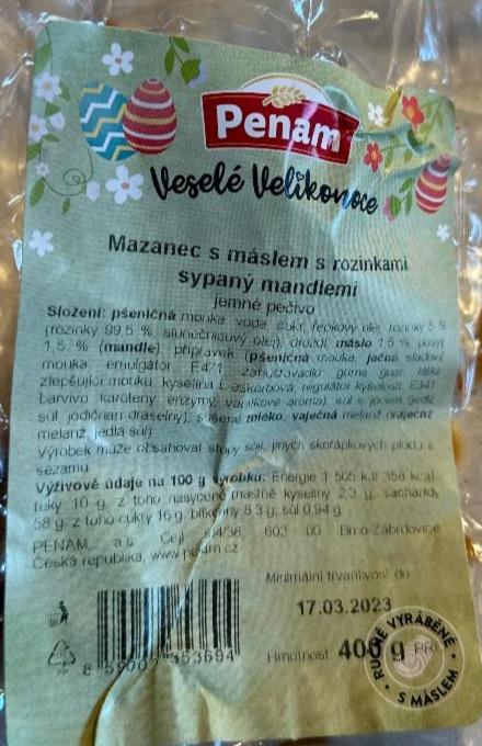 Fotografie - Mazanec s máslem s rozinkami sypaný mandlemi Penam