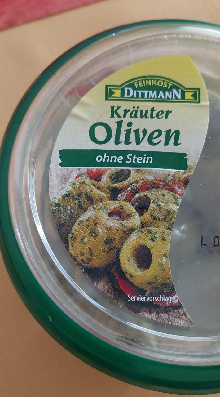 Fotografie - Kräuter grüne Oliven ohne Stein in Rapsöl Feinkost Dittmann