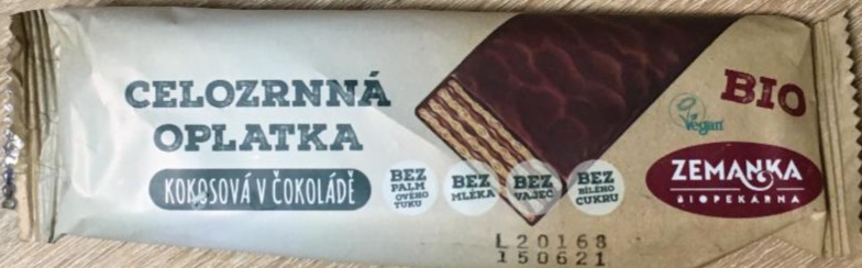 Fotografie - Celozrnná oplatka kokosová v čokoládě Zemanka biopekárna