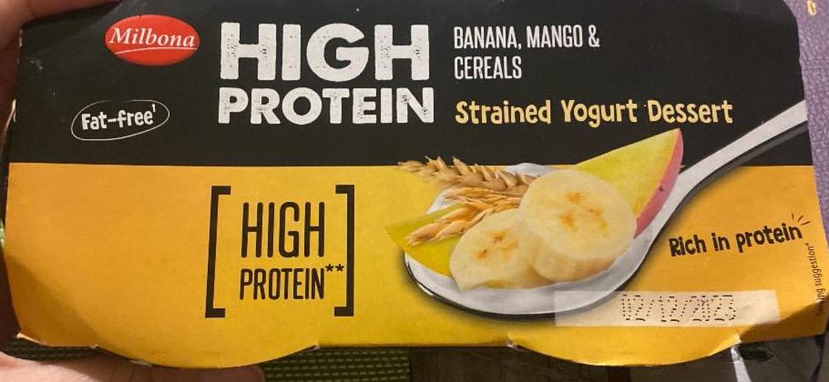 Fotografie - High protein Strained yogurt dessert banana, mango, cereals Milbona
