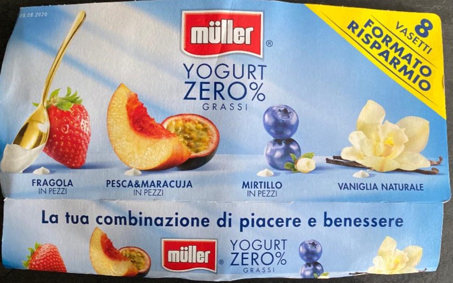 Fotografie - Yogurt Zero% Grassi Fragola, Pesca & Maracuja, Mirtillo in Pezzi, Vaniglia Naturale Müller