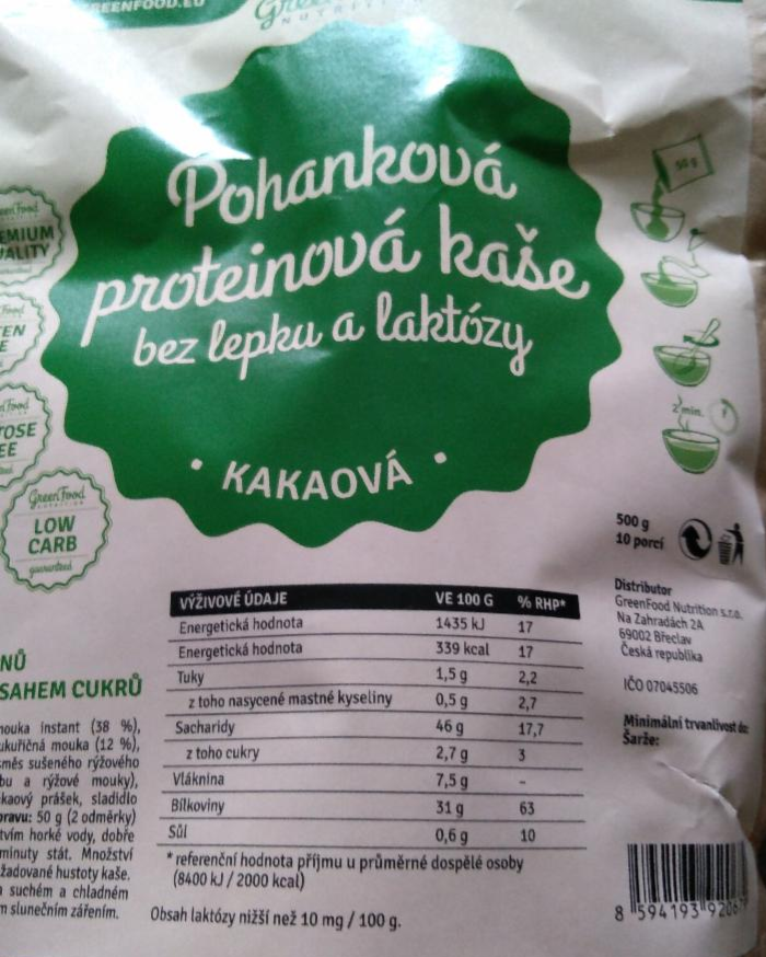 Fotografie - Pohanková proteinová kaše bez lepku a laktózy kakaová Green Food