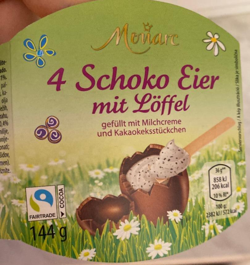 Fotografie - 4 Schoko Eier mit Löffer gefüllt mit Milchcreme Monarc