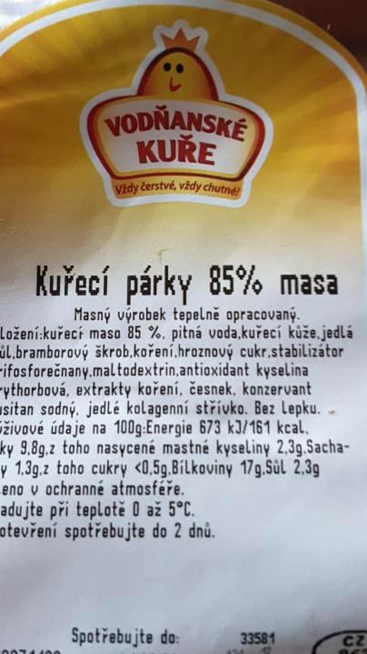 Fotografie - Kuřecí párky 85 % masa Vodňanské kuře