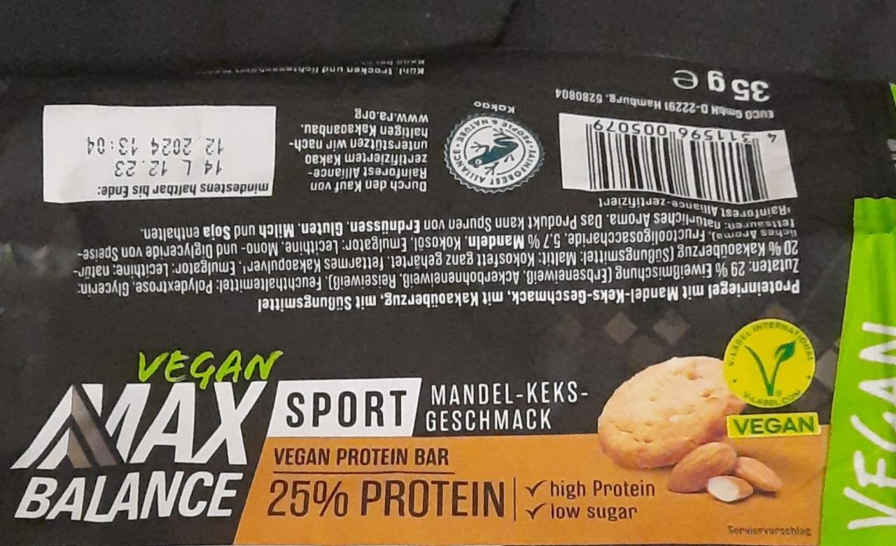 Fotografie - Max Balance Sport Vegan Protein Bar Mandel-Keks-Geschmack MaxSport