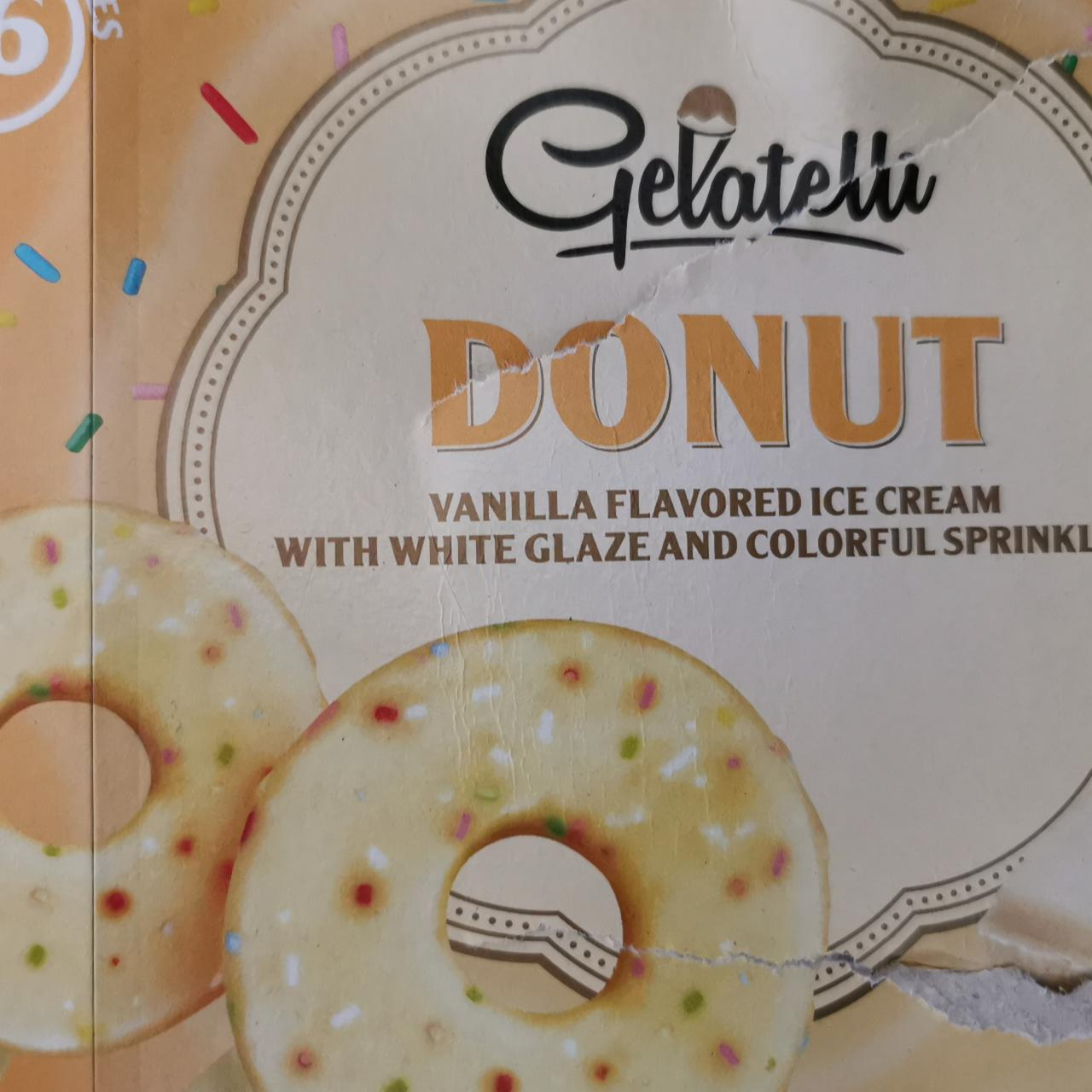 Fotografie - Donut Vanilla flavored ice cream with white glaze and colorful sprinkles Gelatelli