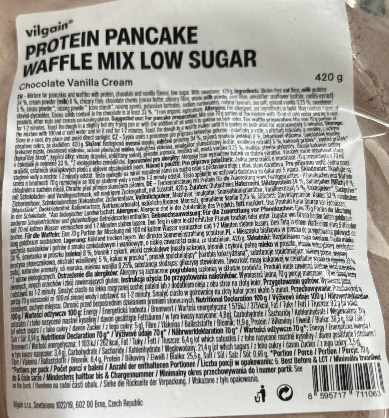 Fotografie - Protein pancake waffle mix low sugar chocolate vanilla cream Vilgain