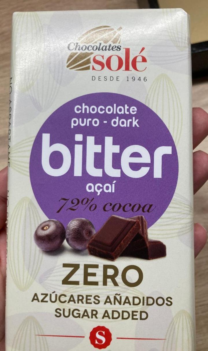 Fotografie - Bitter chocolate puro-dark 72% cocoa açaí Zero Chocolates solé