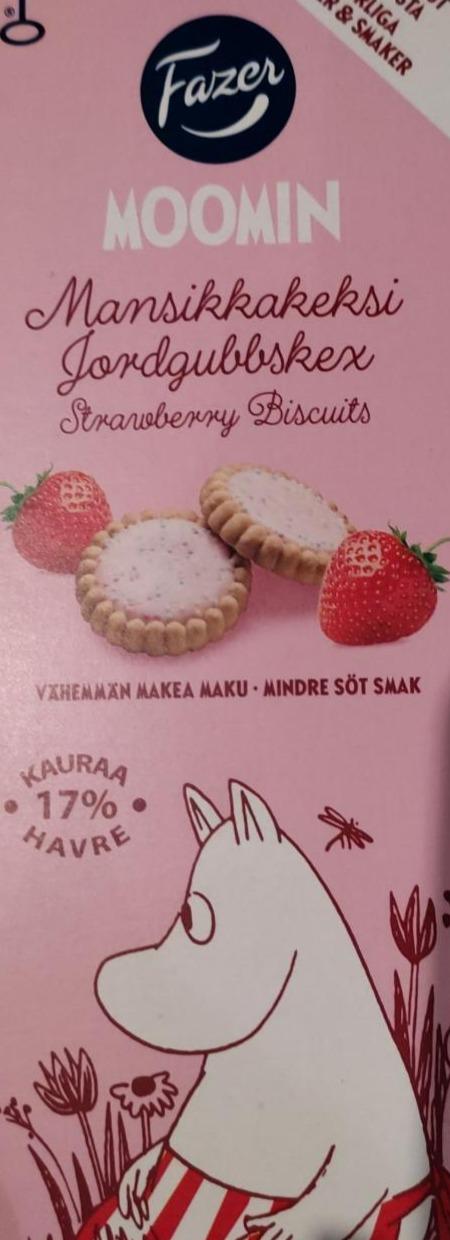 Fotografie - Mansikkakeksi Jordgubbskex strawberry biscuits Moomin Fazer