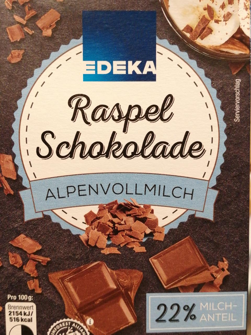 Fotografie - Raspel Schokolade Alpenvollmilch 22% milchanteil Edeka