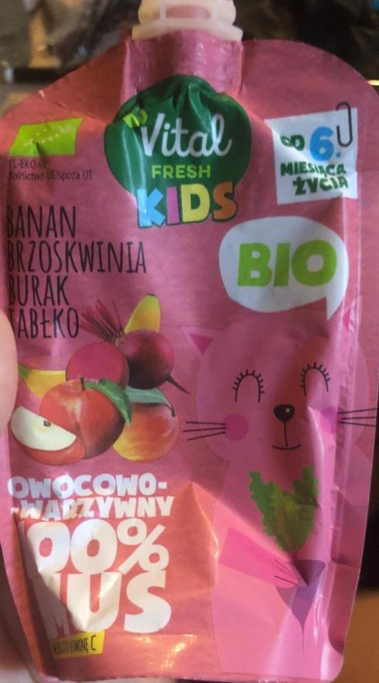 Fotografie - 100% Bio Mus owocowo-warzywny Banan Brzoskwinia Burak Jabłko Vital Fresh Kids