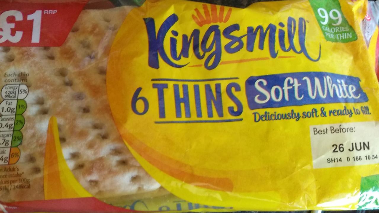Fotografie - 6 Sliced Soft White Sandwich Thins Kingsmill