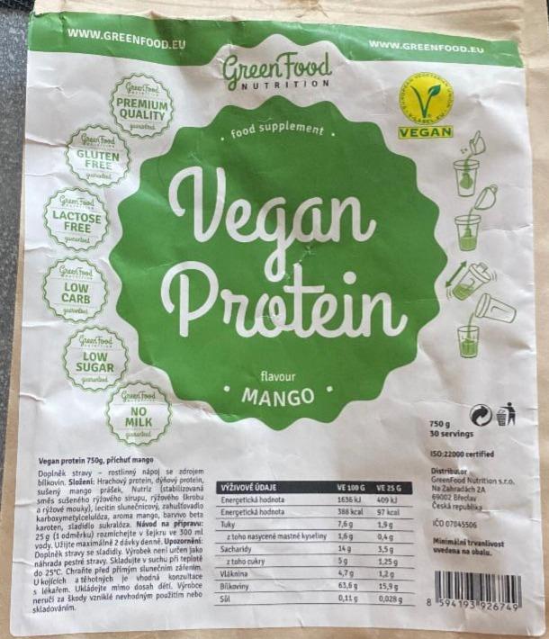 Fotografie - GREEN FOOD Vegan protein 750g, příchuť mango