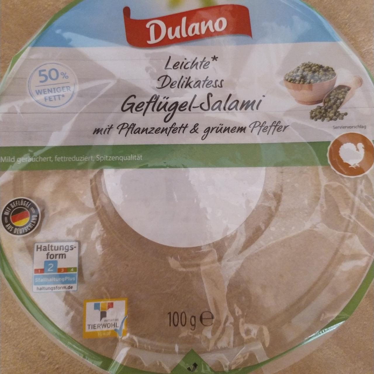 Leichte Delikatess Geflügel-Salami mit Pflanzenfett & grünen Pfeffer Dulano  - kalorie, kJ a nutriční hodnoty