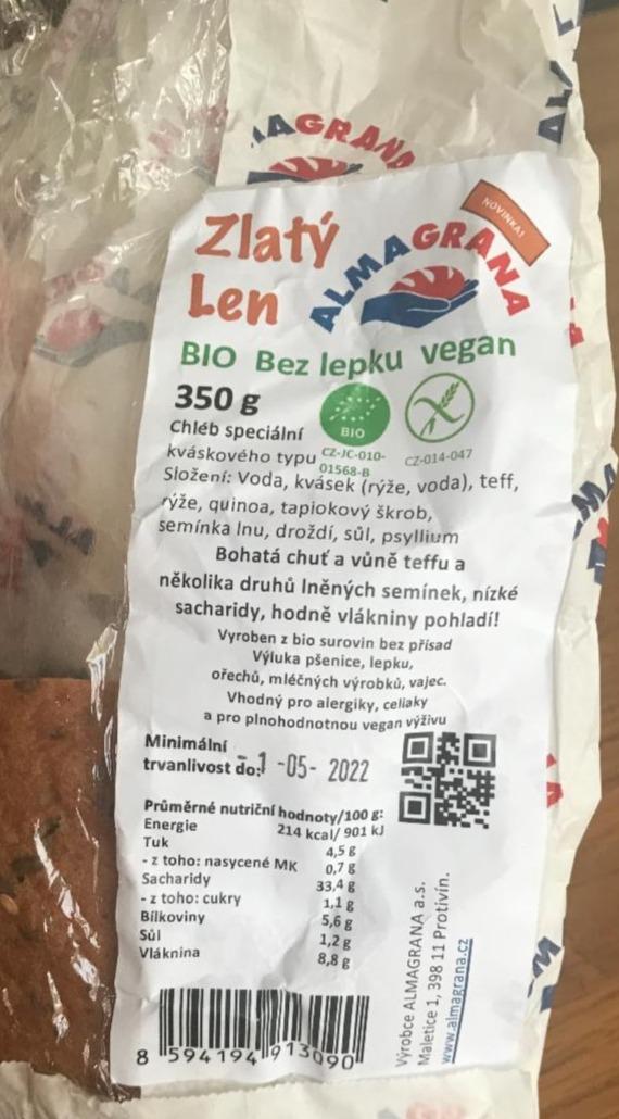 Fotografie - Bio Zlatý Len chléb speciální Bez lepku vegan Almagrana